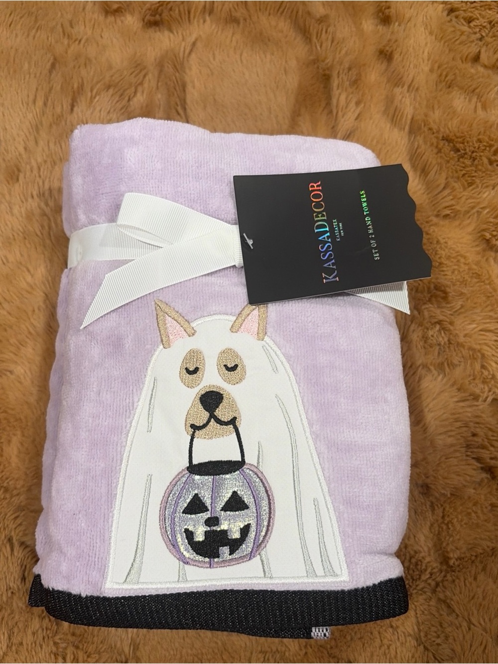 Halloween Dog Ghost Hand Towels Set of 2 Lavender Purple Plush NWT Kassa Decor